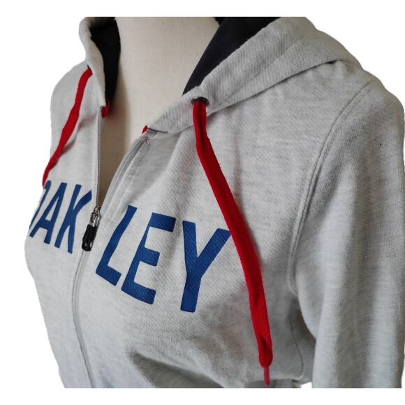 Y2k Oakley Hoodie Sweatshirt M Full Zip Gray Blue Block Letters Red Drawstring - Picture 7 of 16